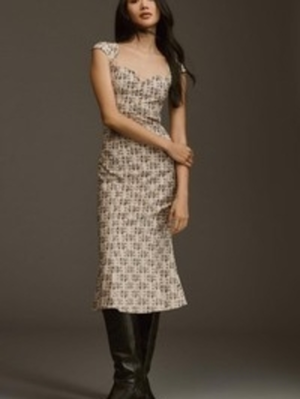 Anthropologie Cream and Black Cap-Sleeve Sweetheart Midi Dress
